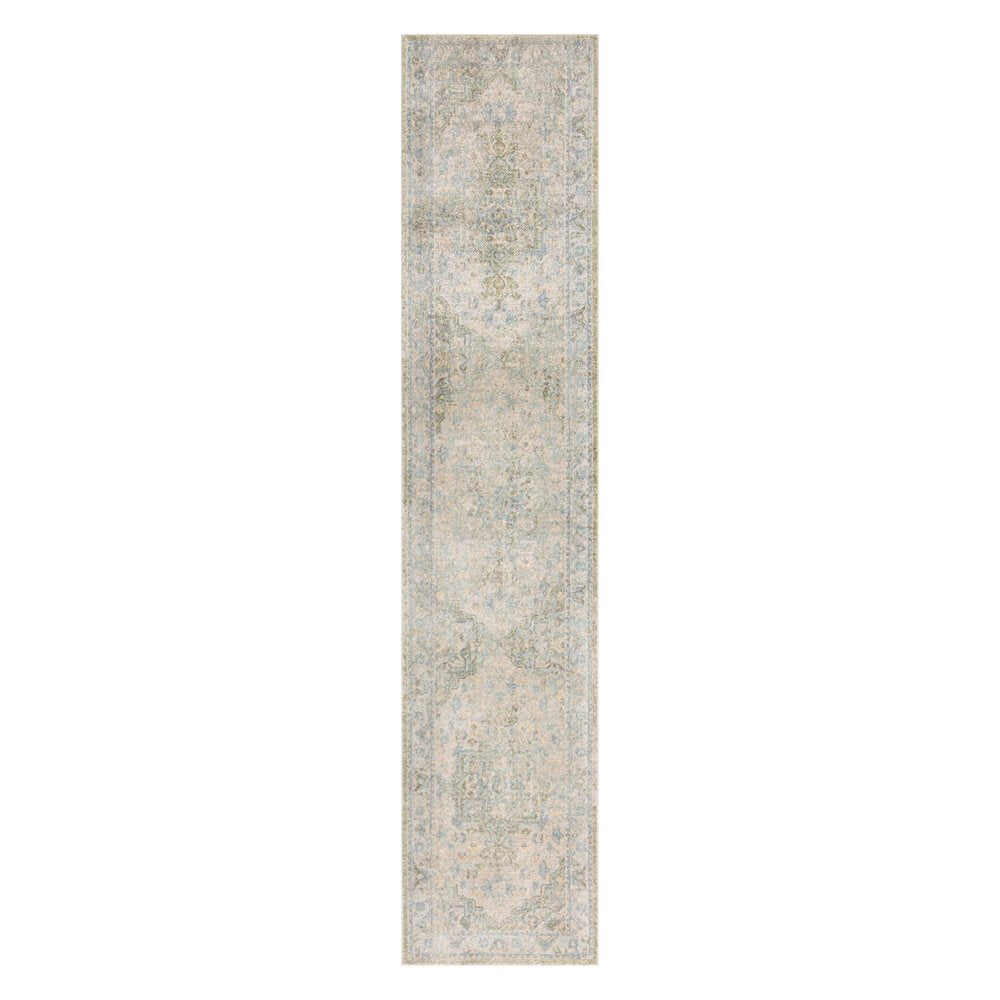 10' Blue Green And Ivory Floral Runner Rug