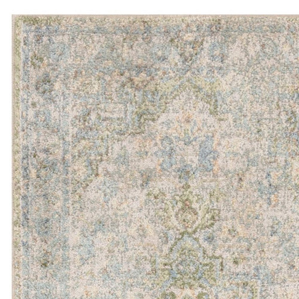 10' Blue Green And Ivory Floral Runner Rug