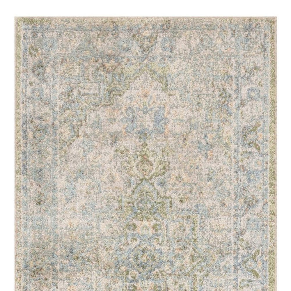 10' Blue Green And Ivory Floral Runner Rug