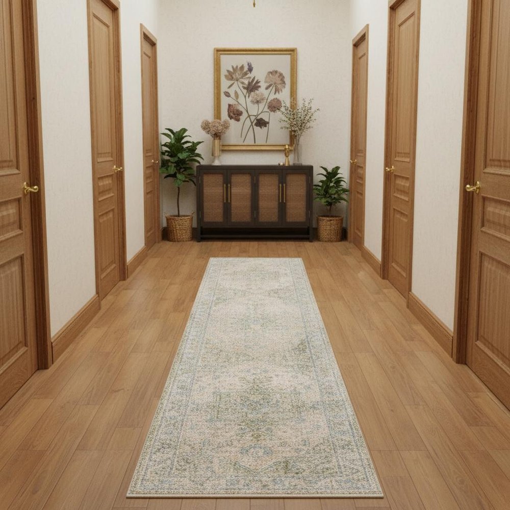 10' Blue Green And Ivory Floral Runner Rug