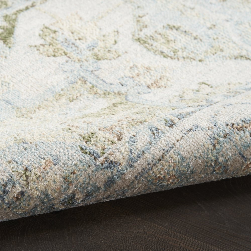 10' Blue Green And Ivory Floral Runner Rug