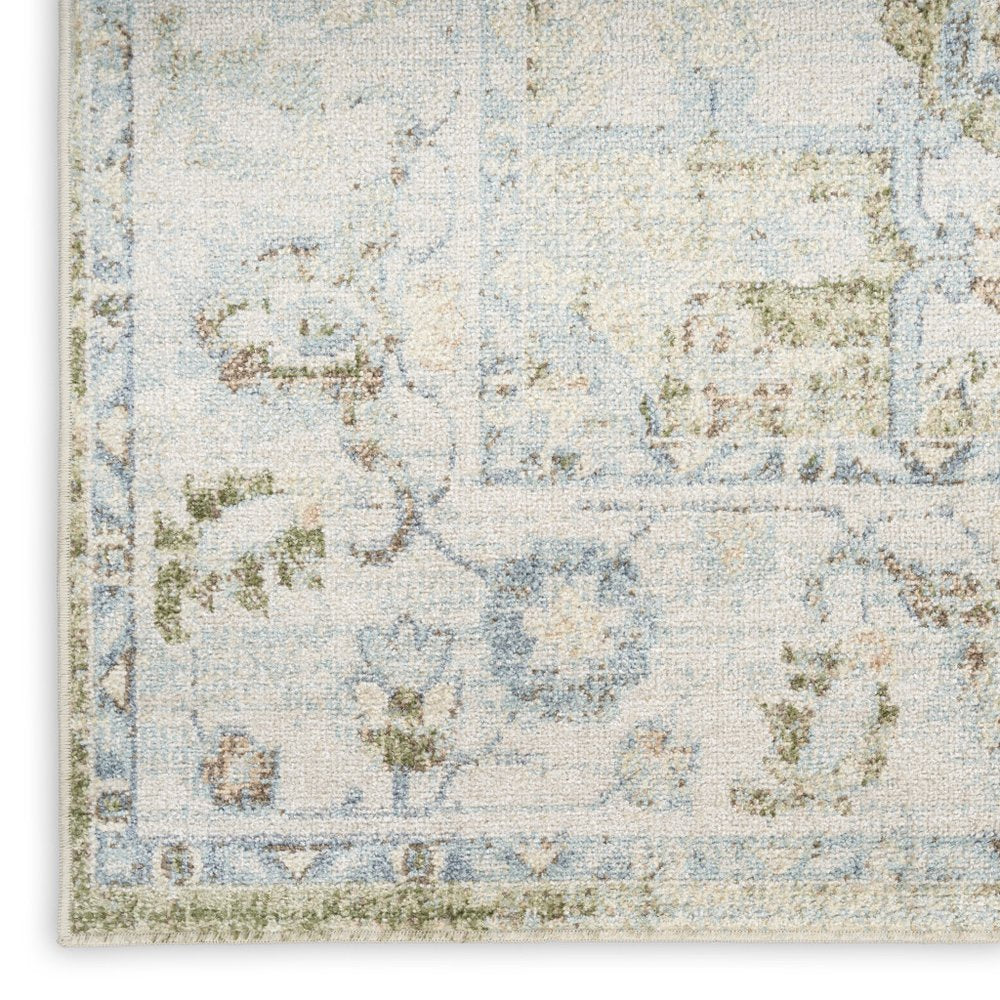 10' Blue Green And Ivory Floral Runner Rug