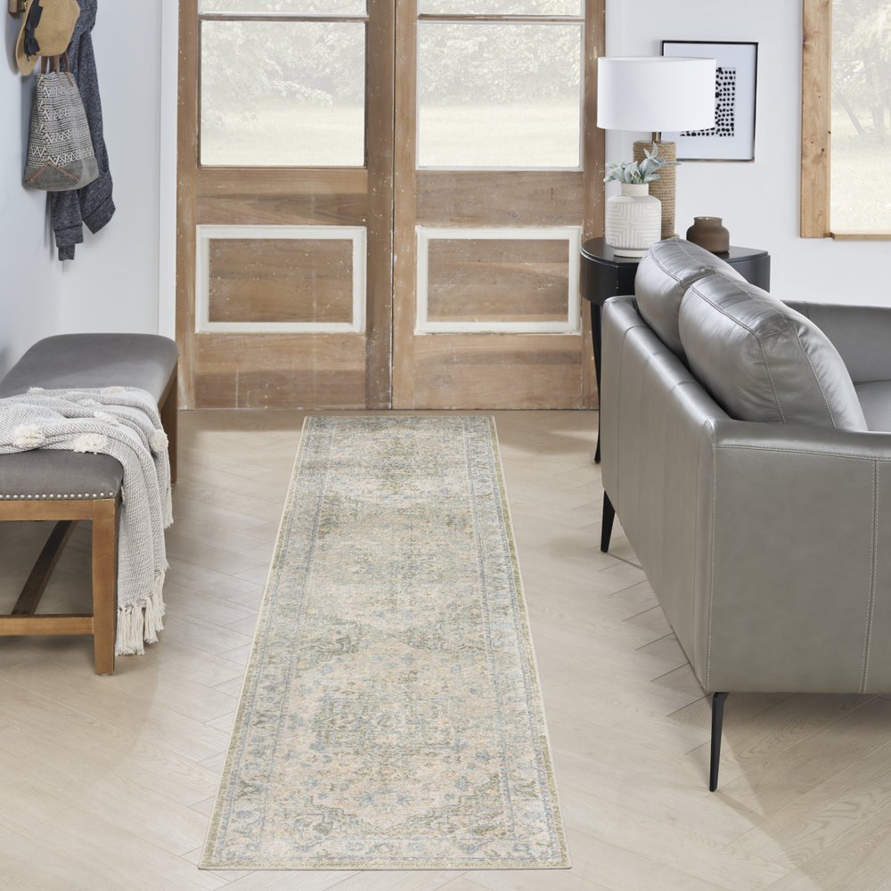 10' Blue Green And Ivory Floral Runner Rug