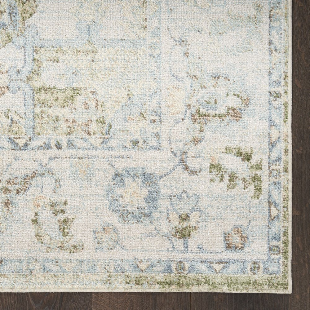10' Blue Green And Ivory Floral Runner Rug