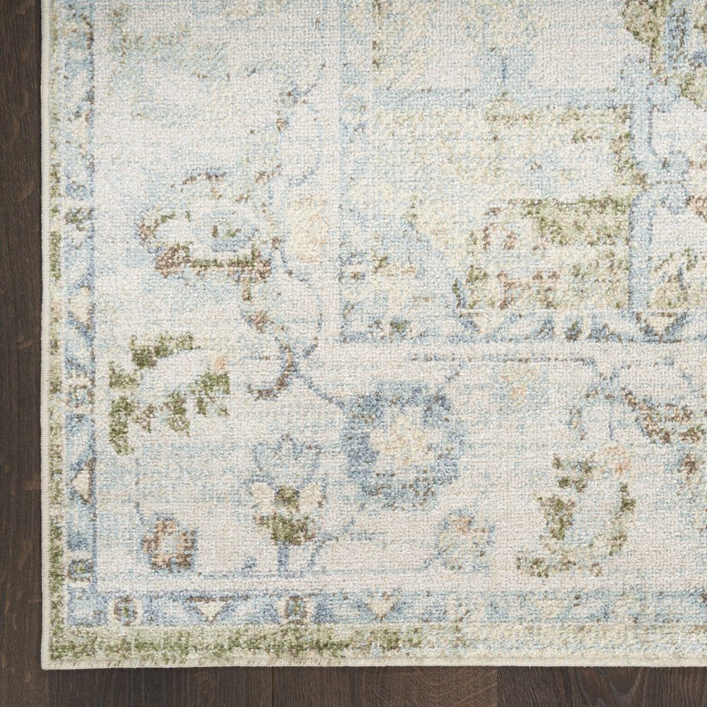 10' Blue Green And Ivory Floral Runner Rug