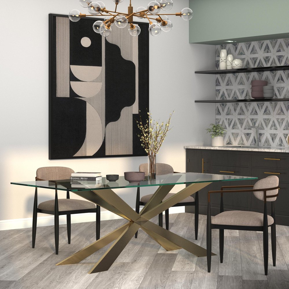 72" Clear and Gold Glass and Metal Cross Leg Base Dining Table