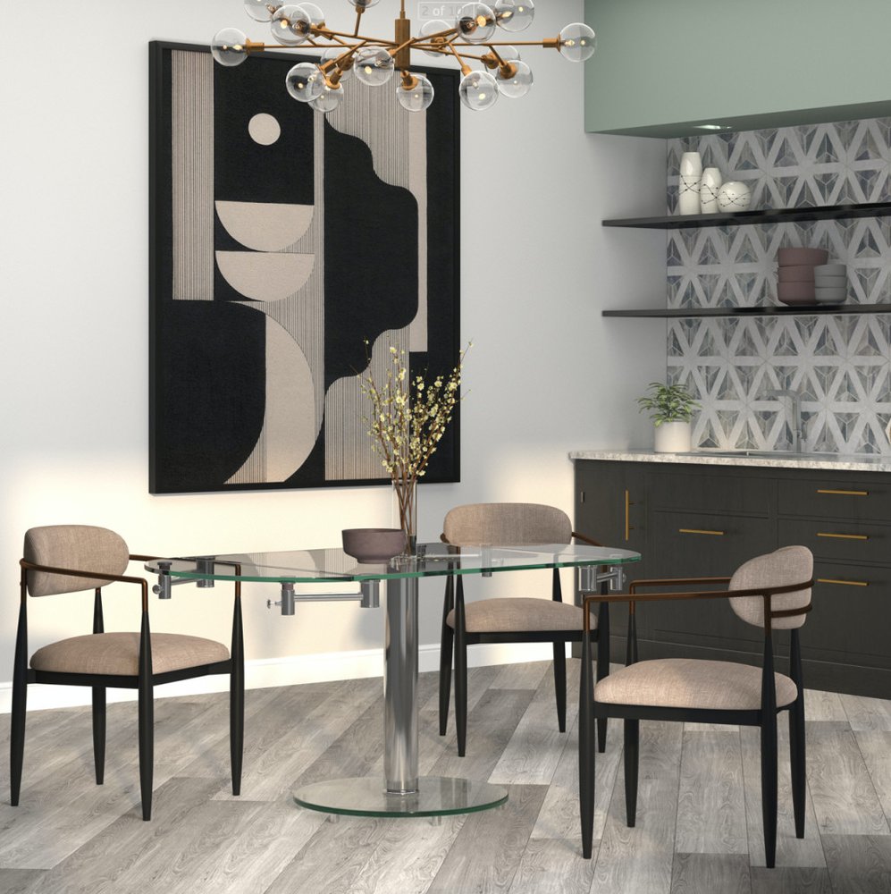 40" Clear and Silver Glass and Metal Self-Storing Leaf Motion Extendable Dining Table