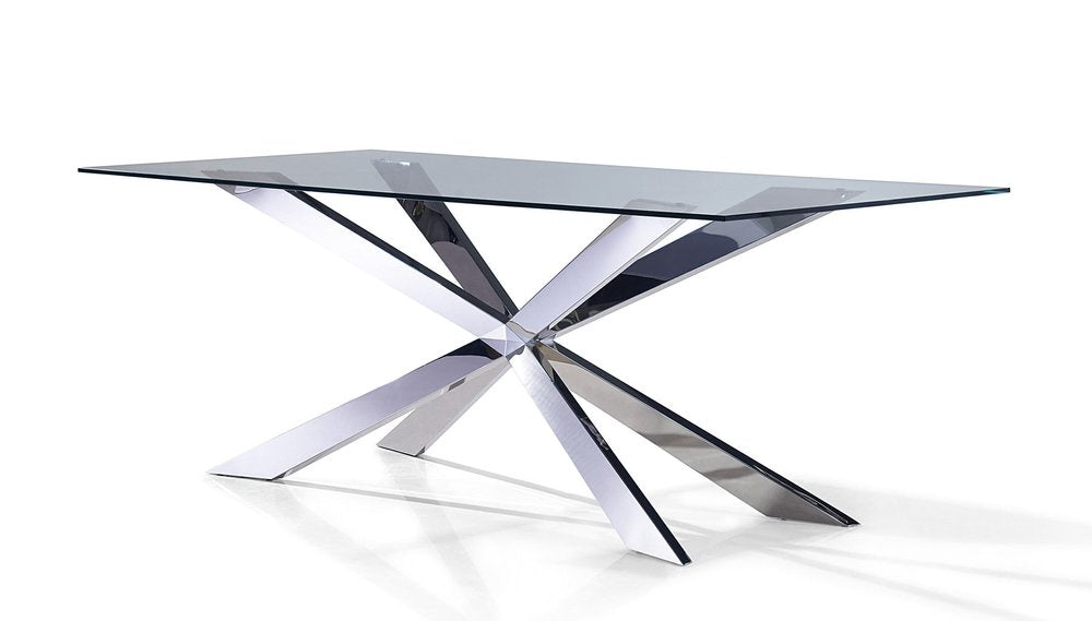 87" Clear and Silver Glass and Metal Cross Leg Base Dining Table