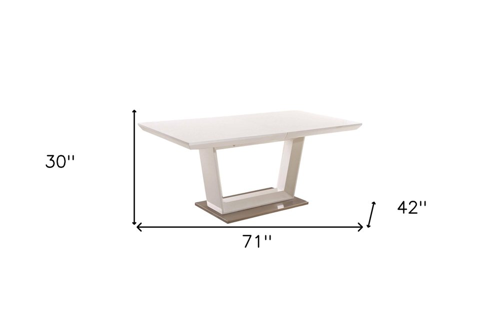 71" White Wood and Metal Self-Storing Leaf Pedestal Base Extendable Dining Table