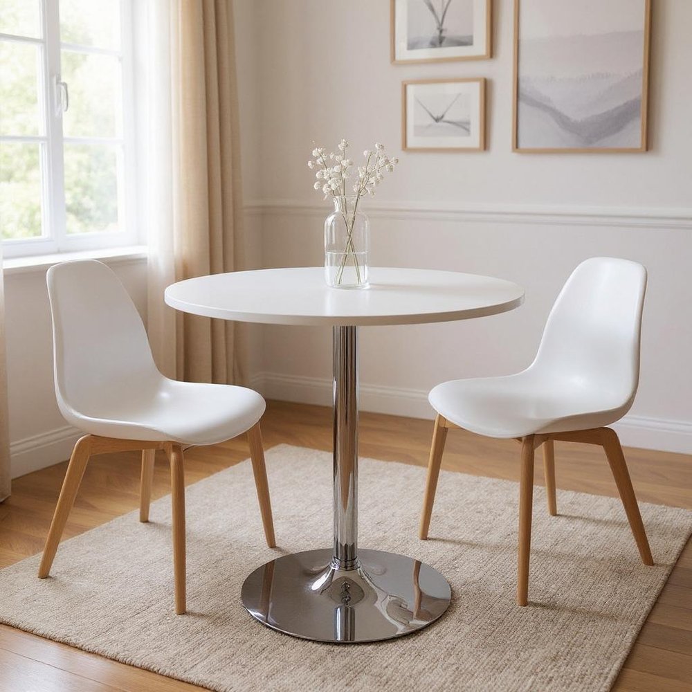 36" White and Silver Wood and Metal Pedestal Base Round Top Dining Table
