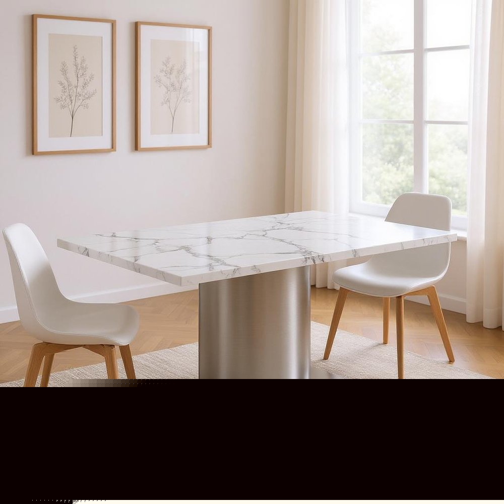 72" Gray White and Silver Marble and Stainless Steel Pedestal Base Dining Table