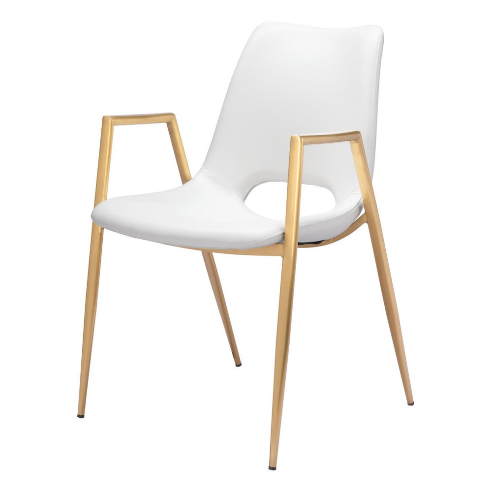 Set of Two White and Gold Faux Leather Open Back Dining Arm Chairs