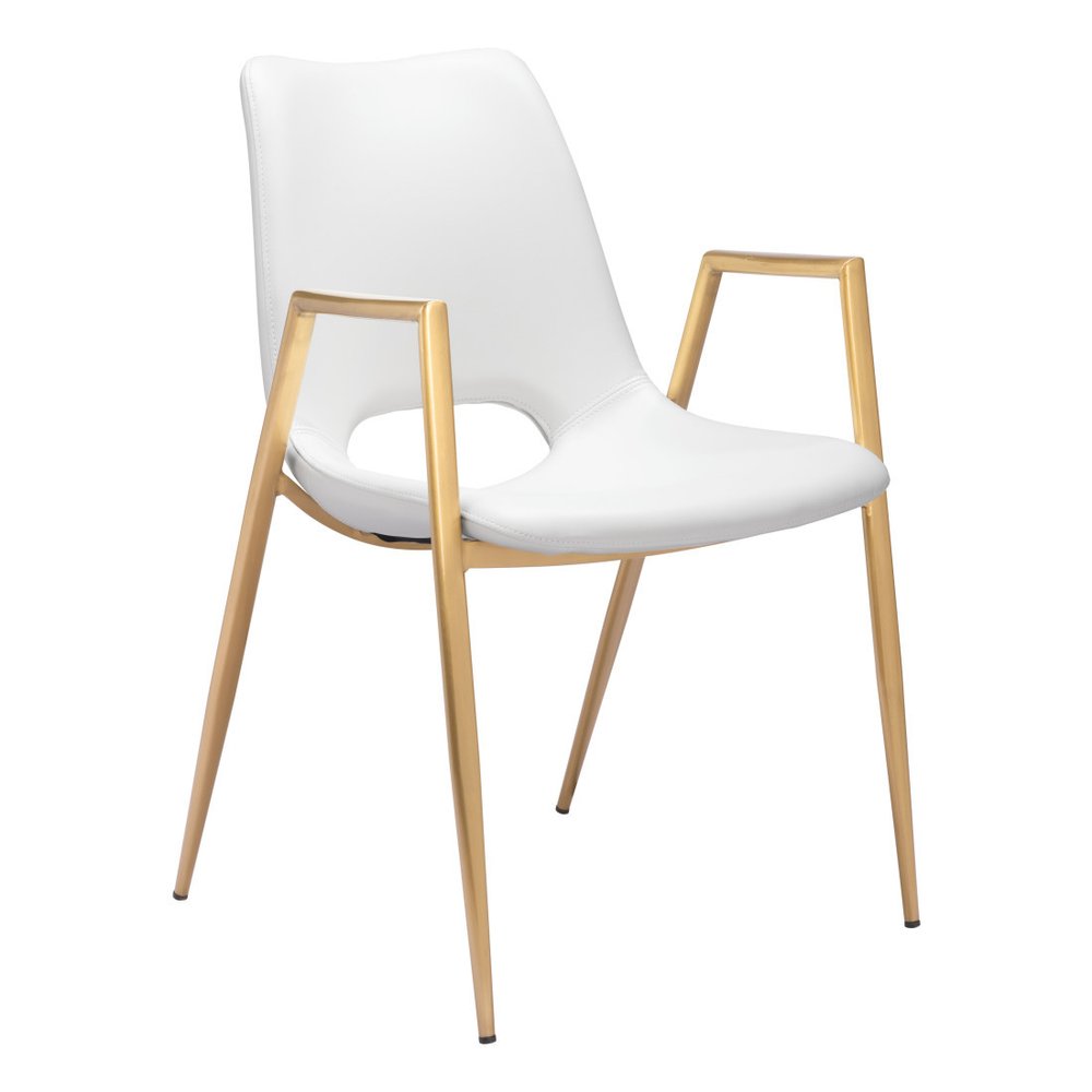 Set of Two White and Gold Faux Leather Open Back Dining Arm Chairs