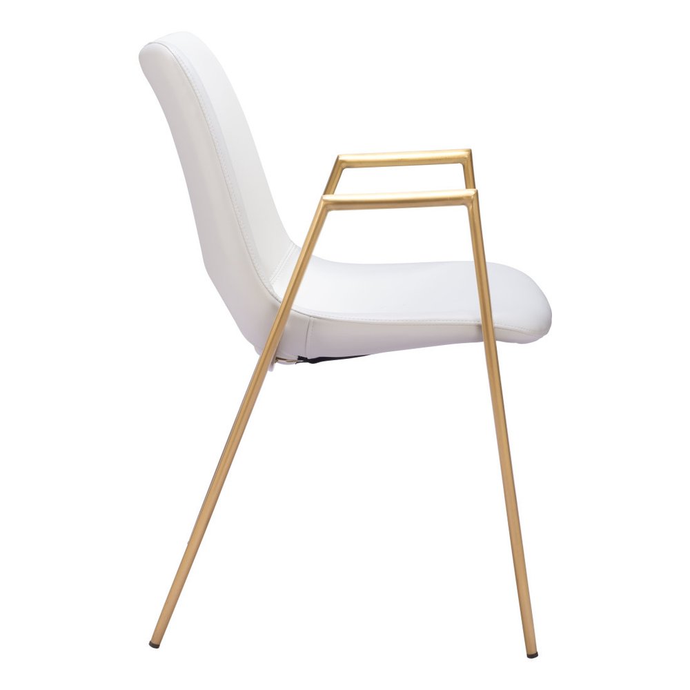 Set of Two White and Gold Faux Leather Open Back Dining Arm Chairs