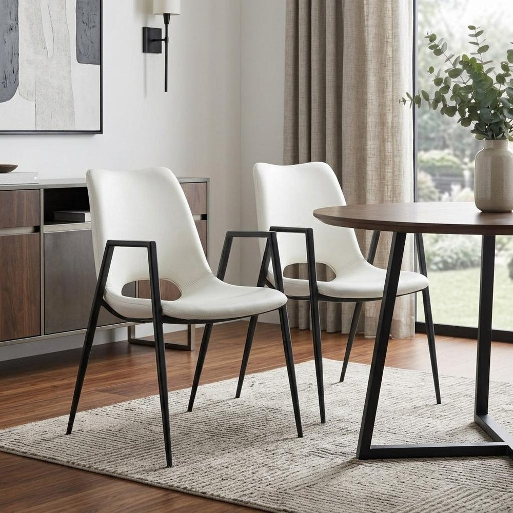 Set of Two White and Black Faux Leather Open Back Dining Arm Chairs