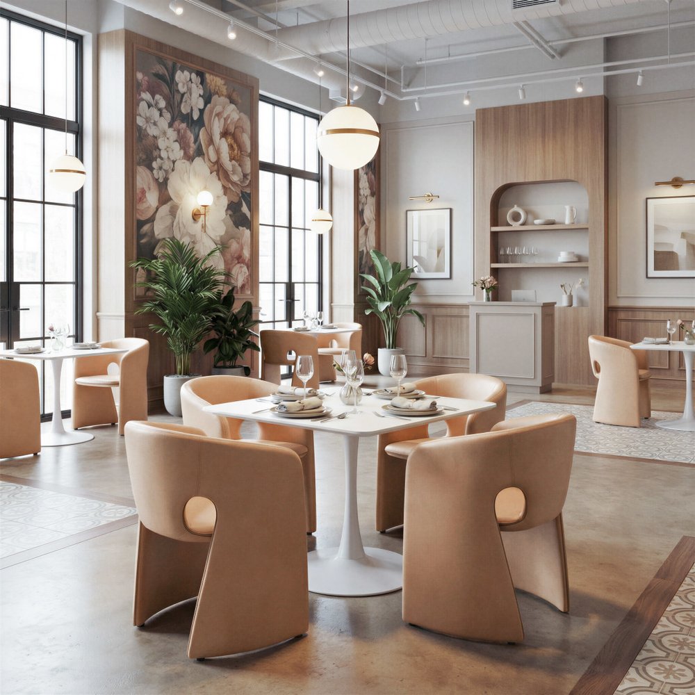 Tan and Beige Upholstery Dining Arm Chair
