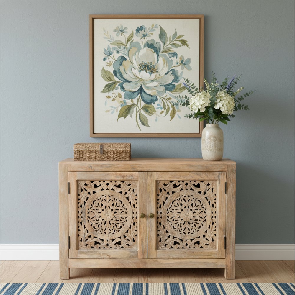30" Natural Solid Wood Textured Door Accent Cabinet With Two Doors