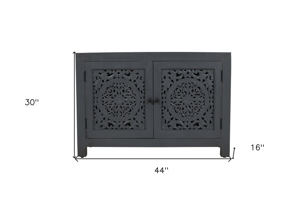 30" Gray Distressed Solid Wood Textured Door Accent Cabinet With Two Doors
