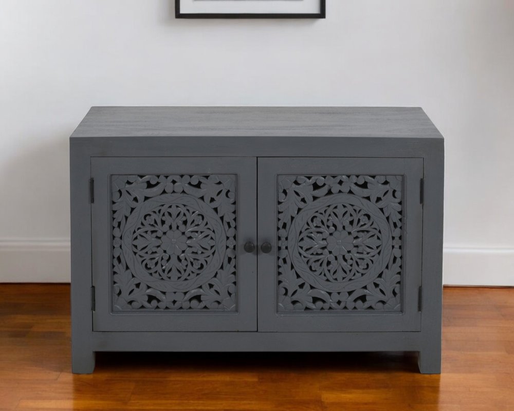 30" Gray Distressed Solid Wood Textured Door Accent Cabinet With Two Doors