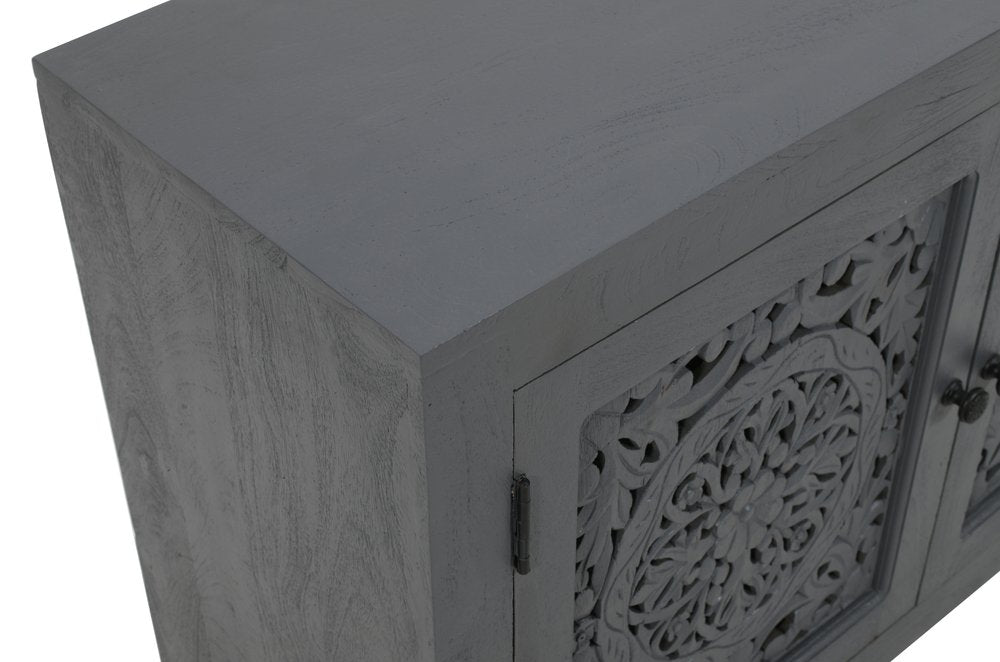 30" Gray Distressed Solid Wood Textured Door Accent Cabinet With Two Doors