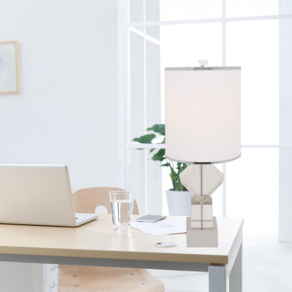 31" Clear And Silver Faux Crystal Geometric Table Lamp LED With White Drum Shade