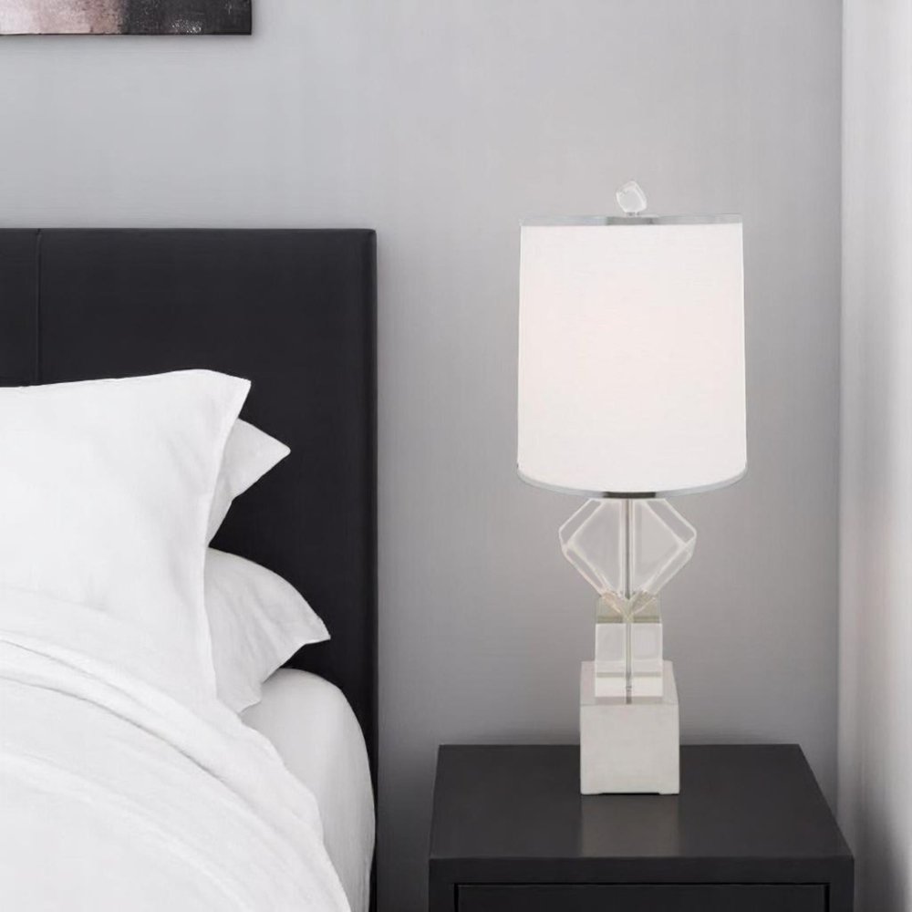 31" Clear And Silver Faux Crystal Geometric Table Lamp LED With White Drum Shade