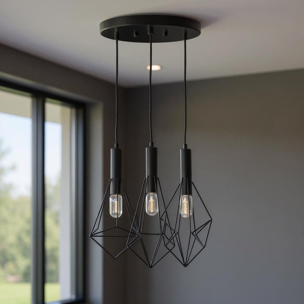Black And Clear Three Light Metal Chandelier With Black Shades