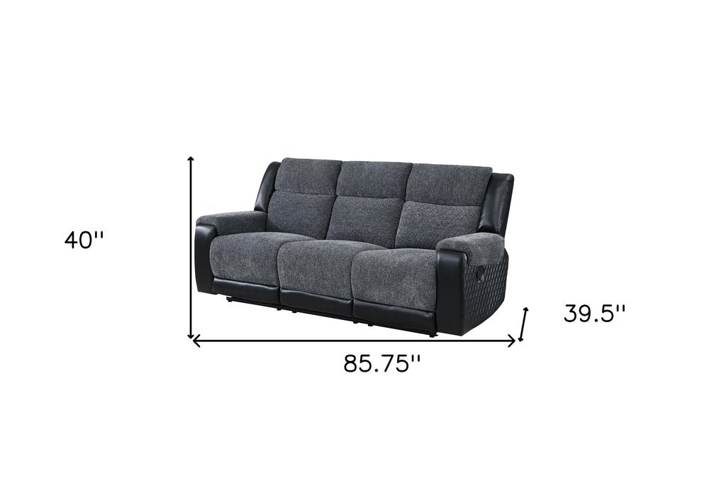 86" Black And Gray Fabric Reclining USB Sofa With Toss Pillow