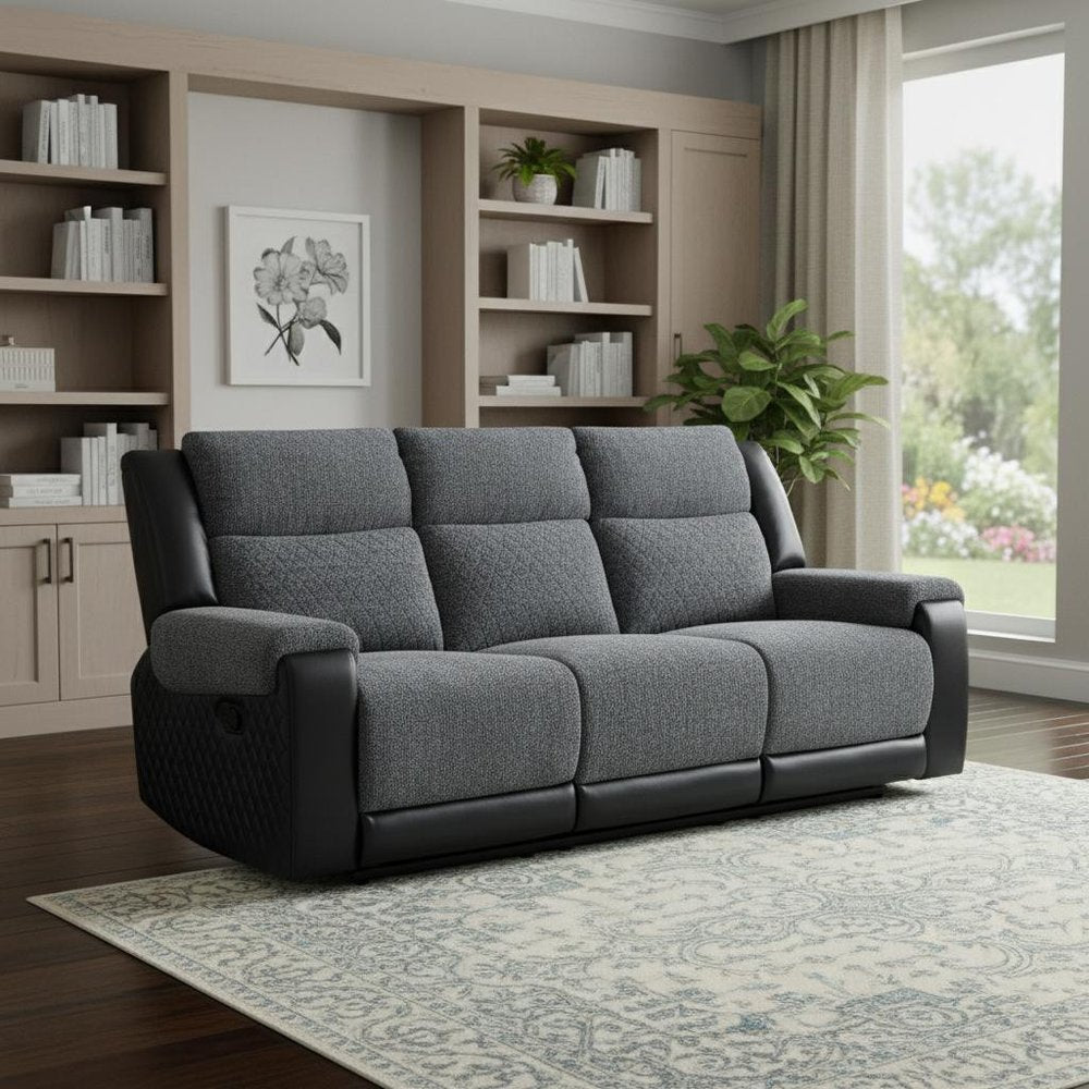 86" Black And Gray Fabric Reclining USB Sofa With Toss Pillow
