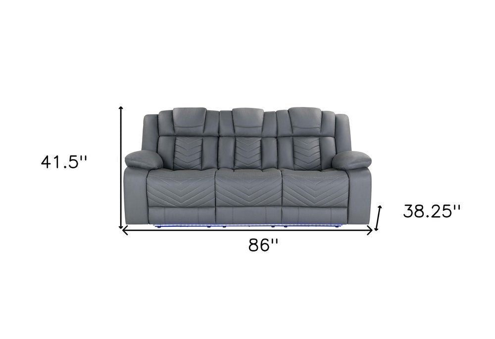 86" Light Gray Faux Leather Reclining USB Sofa