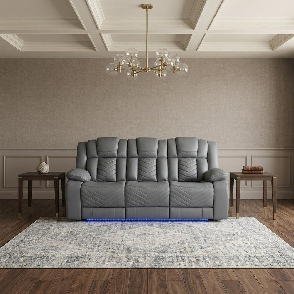 86" Light Gray Faux Leather Reclining USB Sofa
