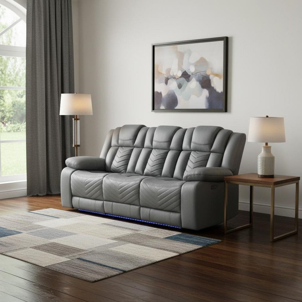 86" Light Gray Faux Leather Reclining USB Sofa
