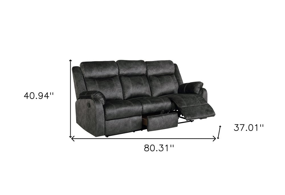 80" Dark Gray Fabric Reclining USB Sofa With Toss Pillow