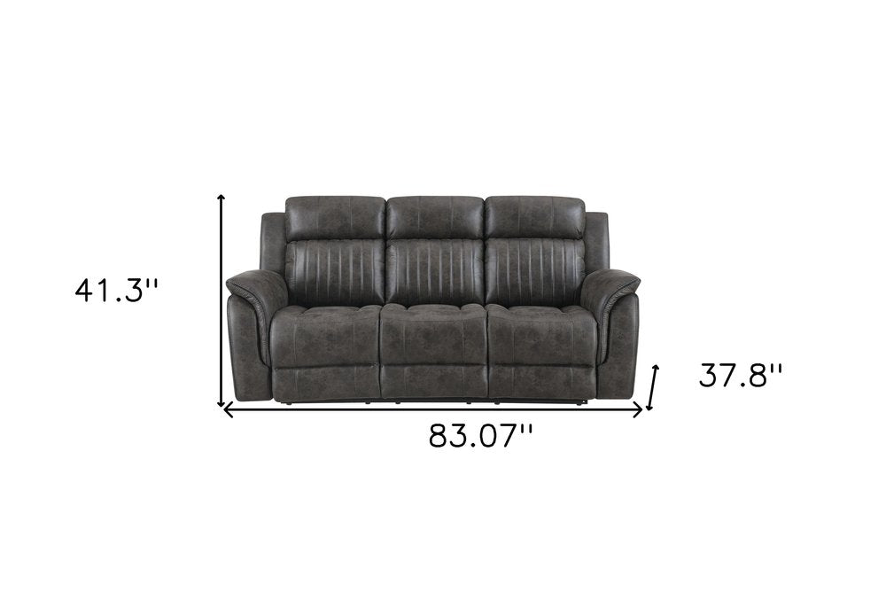 83" Charcoal Fabric Reclining USB Sofa With Toss Pillow