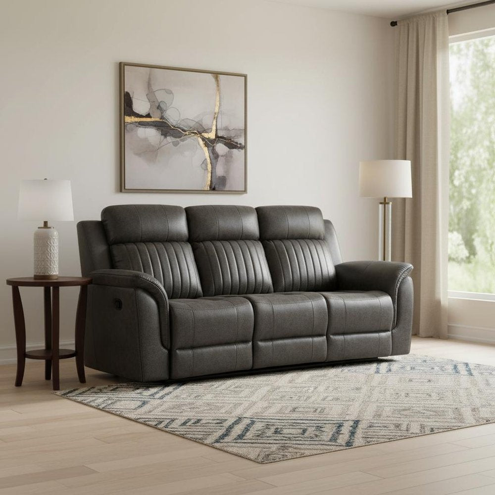 83" Charcoal Fabric Reclining USB Sofa With Toss Pillow