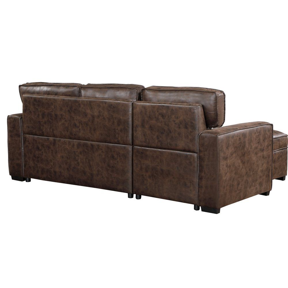 92" Dark Brown Upholstered Sleeper USB Sleeper Sofa Chaise With Toss Pillow