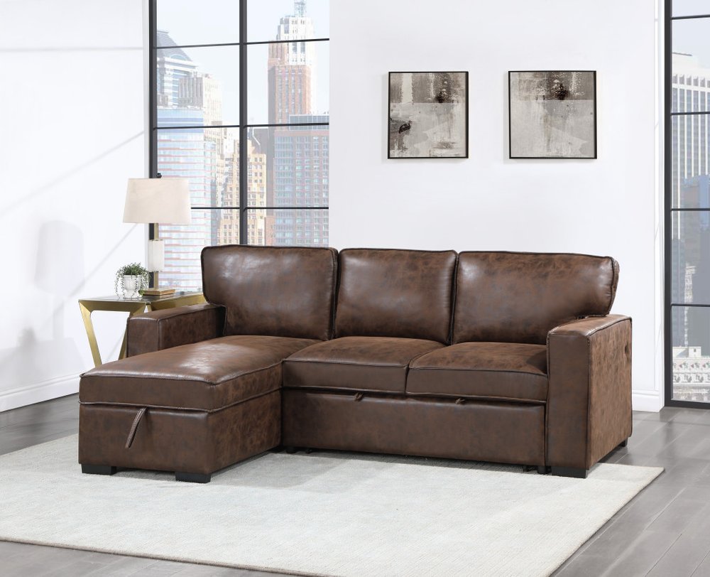 92" Dark Brown Upholstered Sleeper USB Sleeper Sofa Chaise With Toss Pillow
