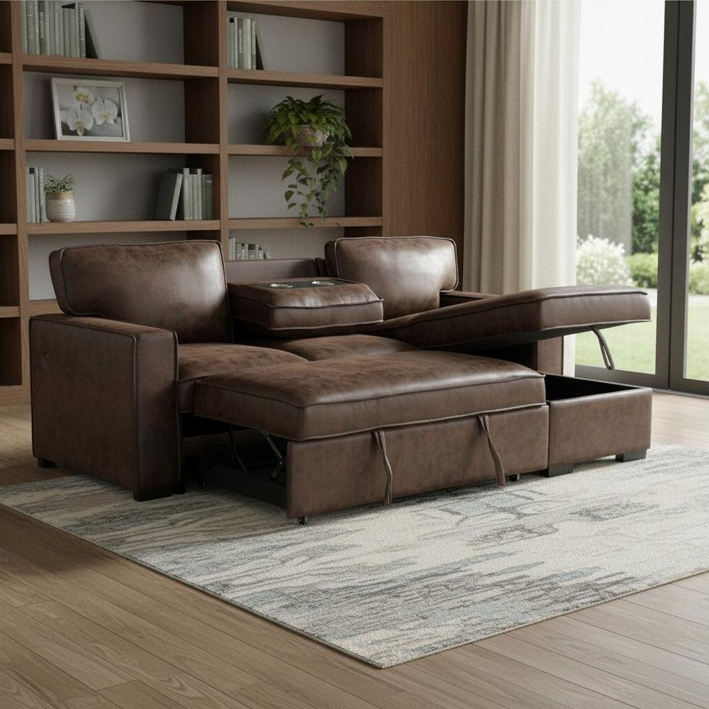 92" Dark Brown Upholstered Sleeper USB Sleeper Sofa Chaise With Toss Pillow