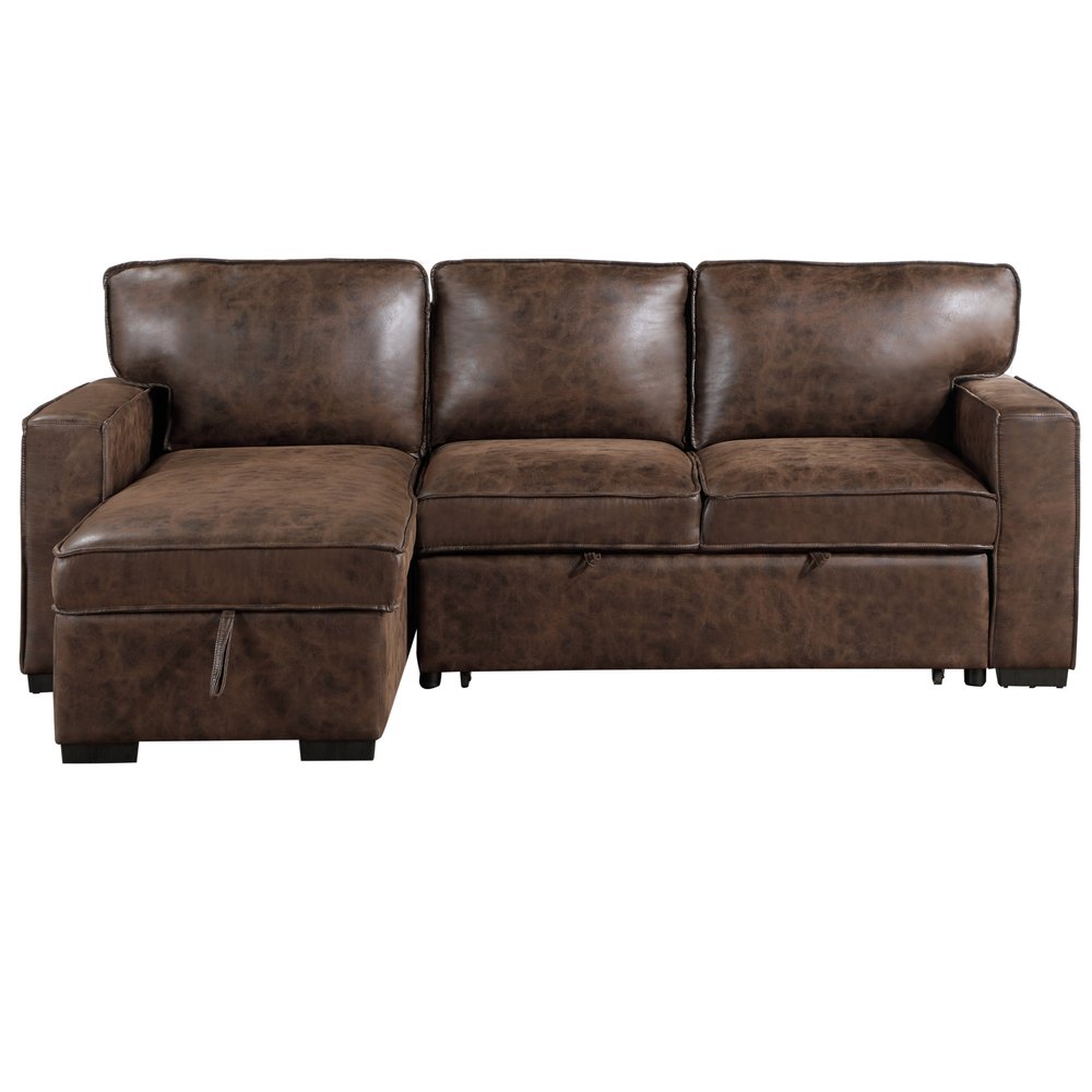 92" Dark Brown Upholstered Sleeper USB Sleeper Sofa Chaise With Toss Pillow