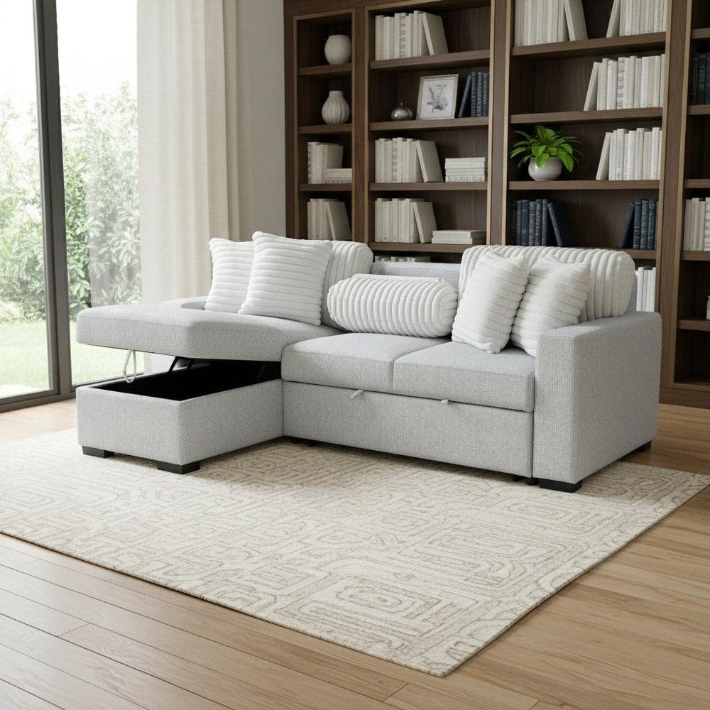 92" Gray And White Fabric Sleeper USB Sleeper Sofa With Toss Pillow