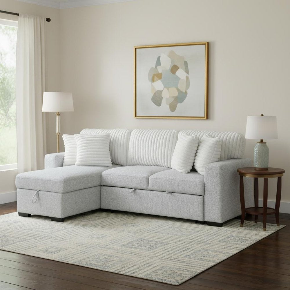 92" Gray And White Fabric Sleeper USB Sleeper Sofa With Toss Pillow