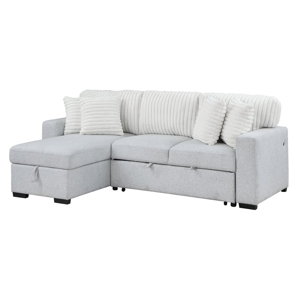 92" Gray And White Fabric Sleeper USB Sleeper Sofa With Toss Pillow