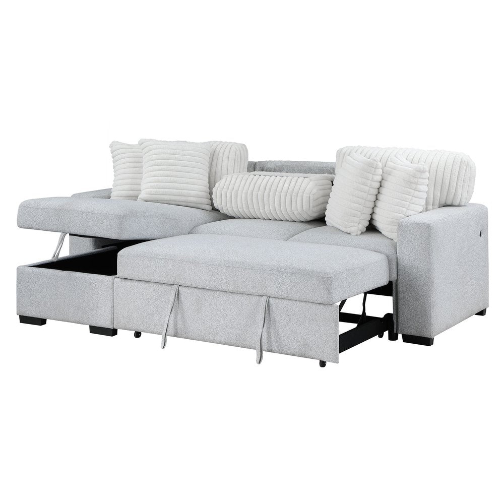92" Gray And White Fabric Sleeper USB Sleeper Sofa With Toss Pillow