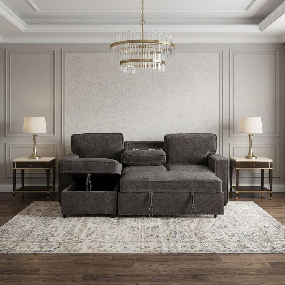 92" Dark Gray Upholstered Sleeper USB Sleeper Sofa With Toss Pillow