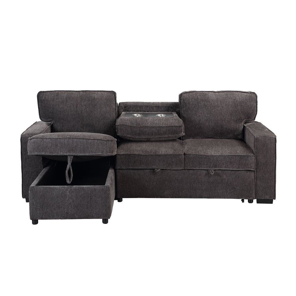 92" Dark Gray Upholstered Sleeper USB Sleeper Sofa With Toss Pillow