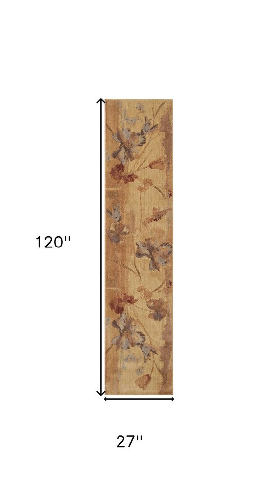10' Beige Red And Orange Floral Non Skid Runner Rug