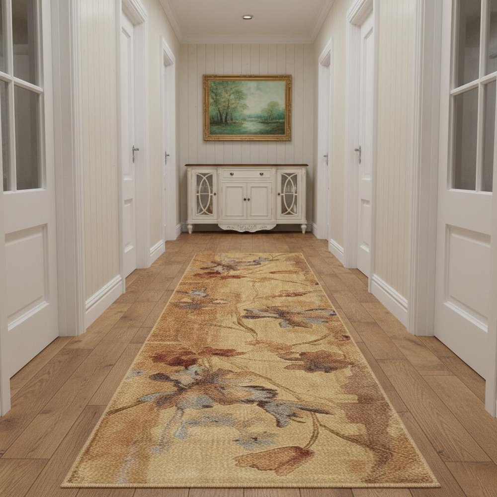 10' Beige Red And Orange Floral Non Skid Runner Rug