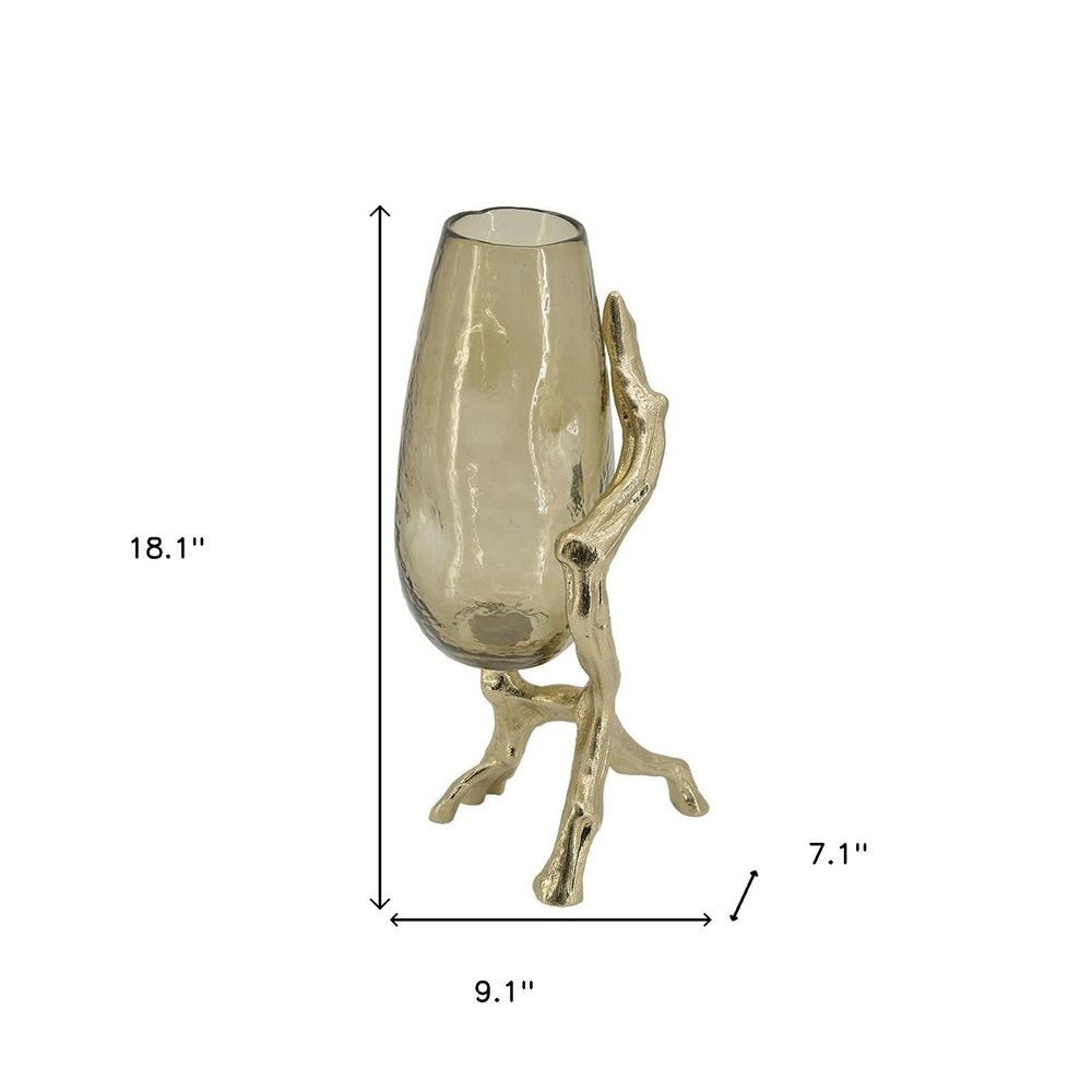18" Champagne Glass And Metal Table Vase