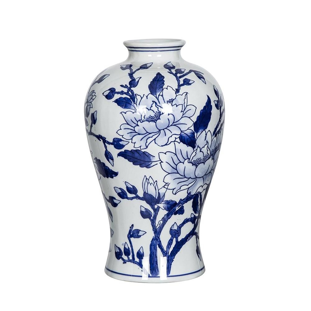 13" Blue And White Floral Chinoiserie Round Porcelain Table Vase