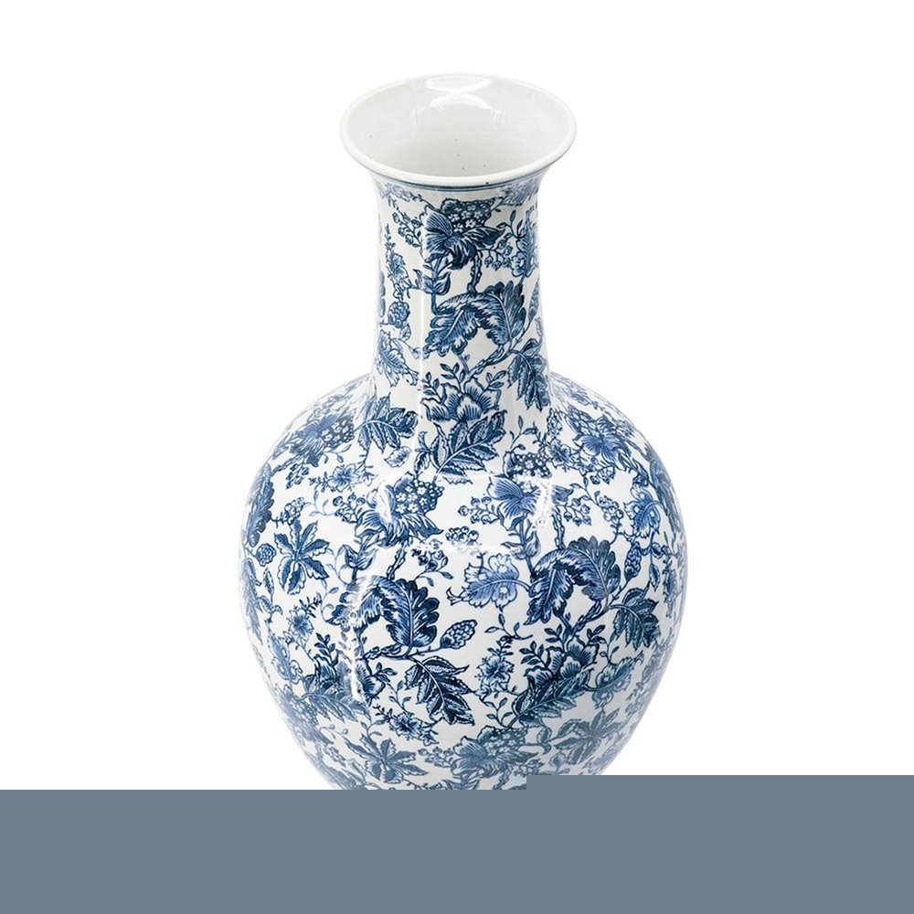 24" Blue And White Floral Curved Porcelain Table Vase